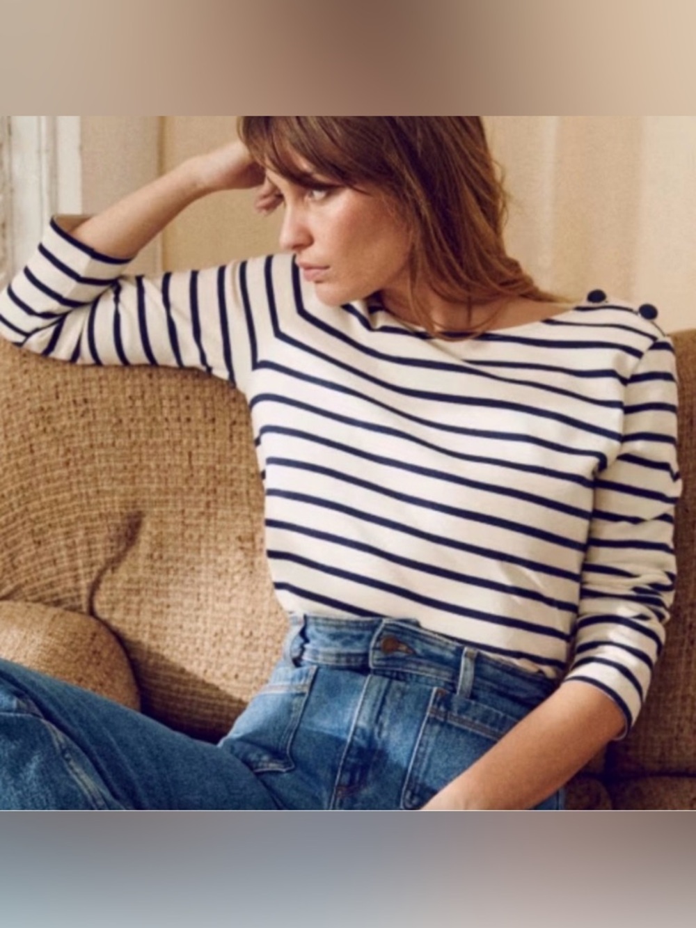 Sezane Cream and Navy Striped Long Sleeve Tee Shirt Top Medium Large - Picture 2 of 7